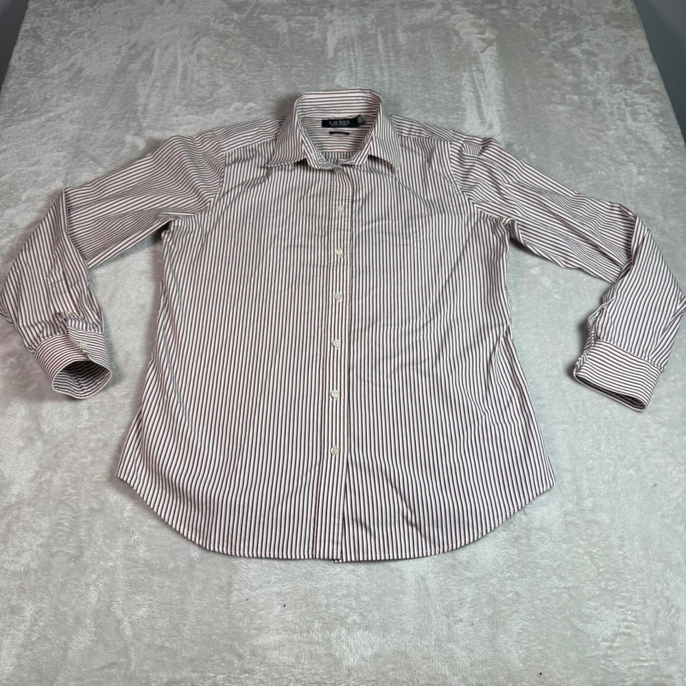 Lauren Ralph Lauren Women Non Iron Striped Button Down Shirt L Pink White Black